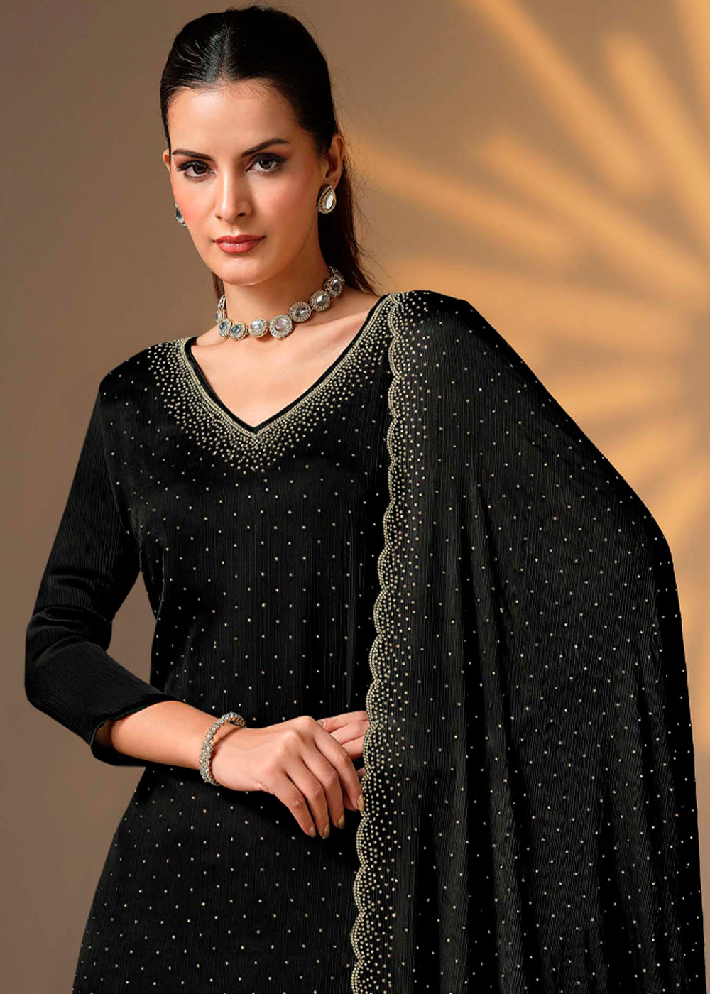 Midnight Black Chiffon Satin Unstitched Salwar Suit with Elegant Swarovski Embroidery