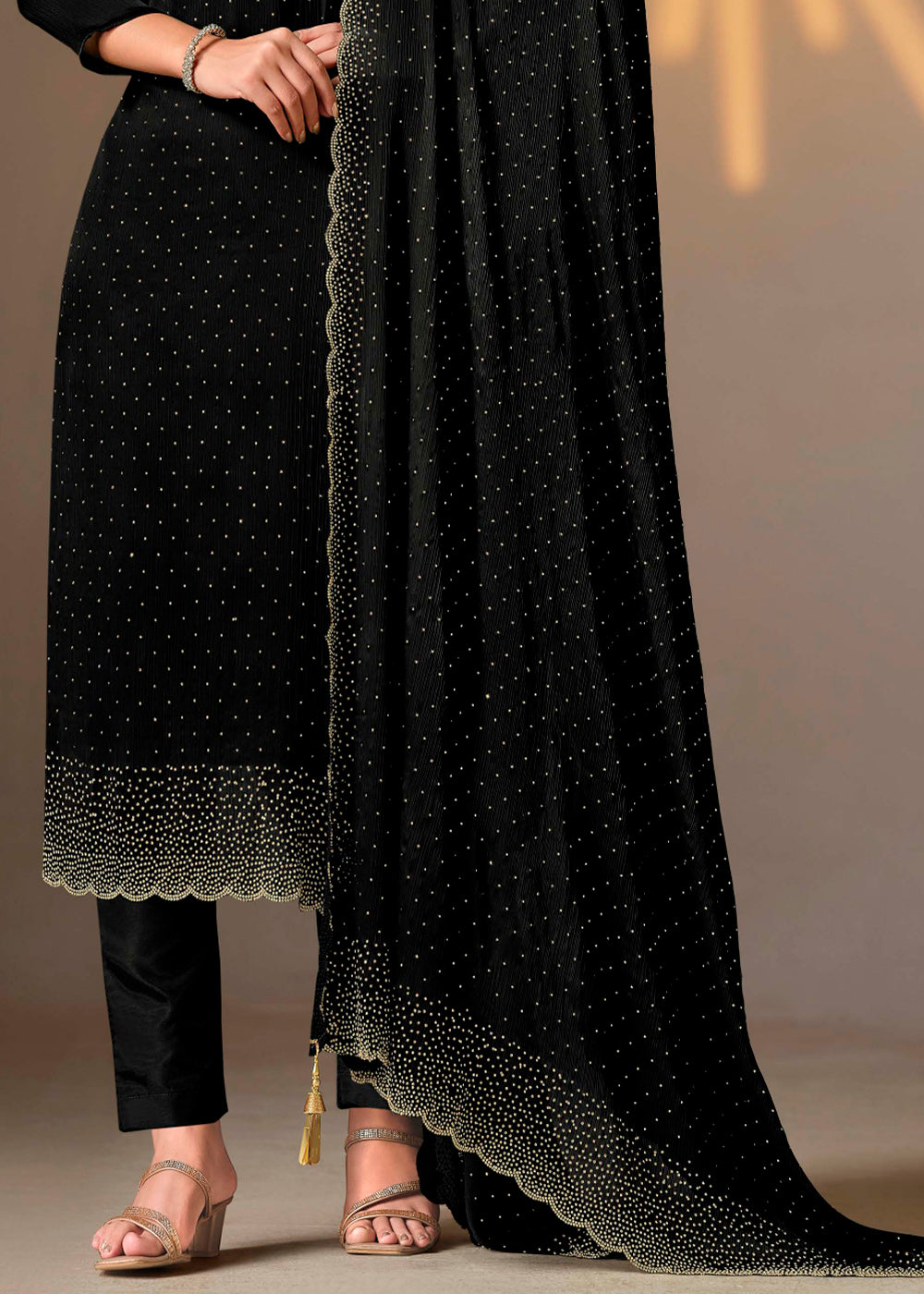 Midnight Black Chiffon Satin Unstitched Salwar Suit with Elegant Swarovski Embroidery