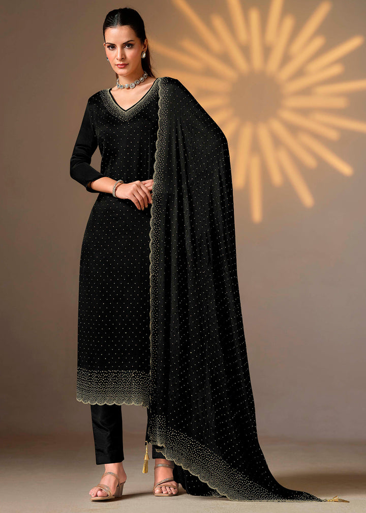 Midnight Black Chiffon Satin Unstitched Salwar Suit with Elegant Swarovski Embroidery