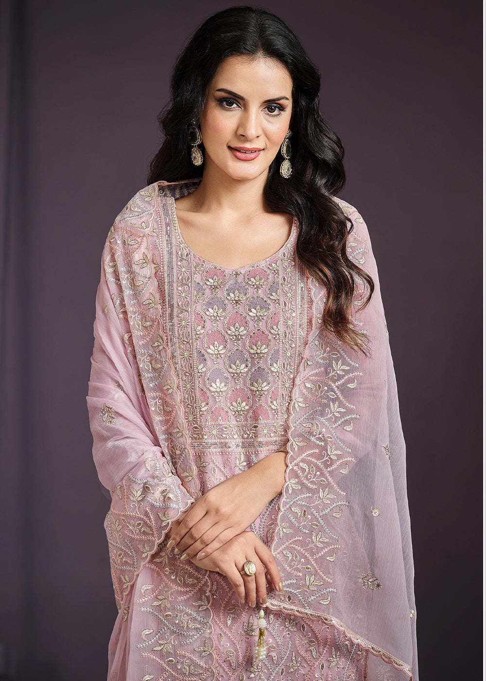 Pale Purple Designer Chiffon Suit with Lucknowi Hand Embroidery