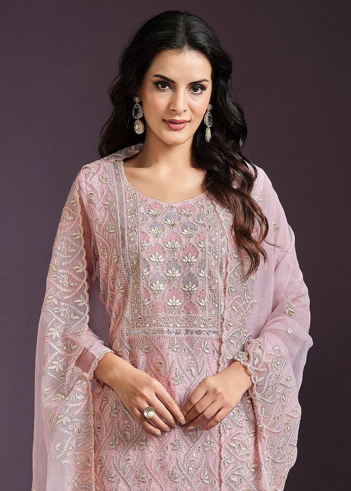 Pale Purple Designer Chiffon Suit with Lucknowi Hand Embroidery