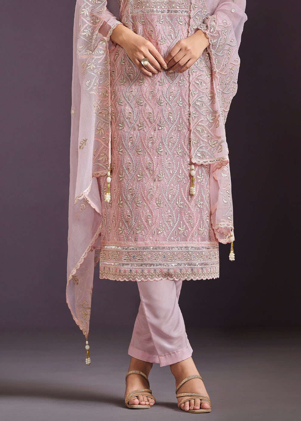 Pale Purple Designer Chiffon Suit with Lucknowi Hand Embroidery