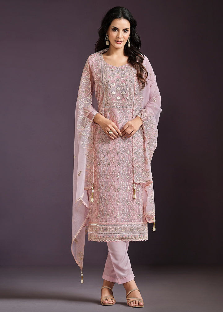 Pale Purple Designer Chiffon Suit with Lucknowi Hand Embroidery