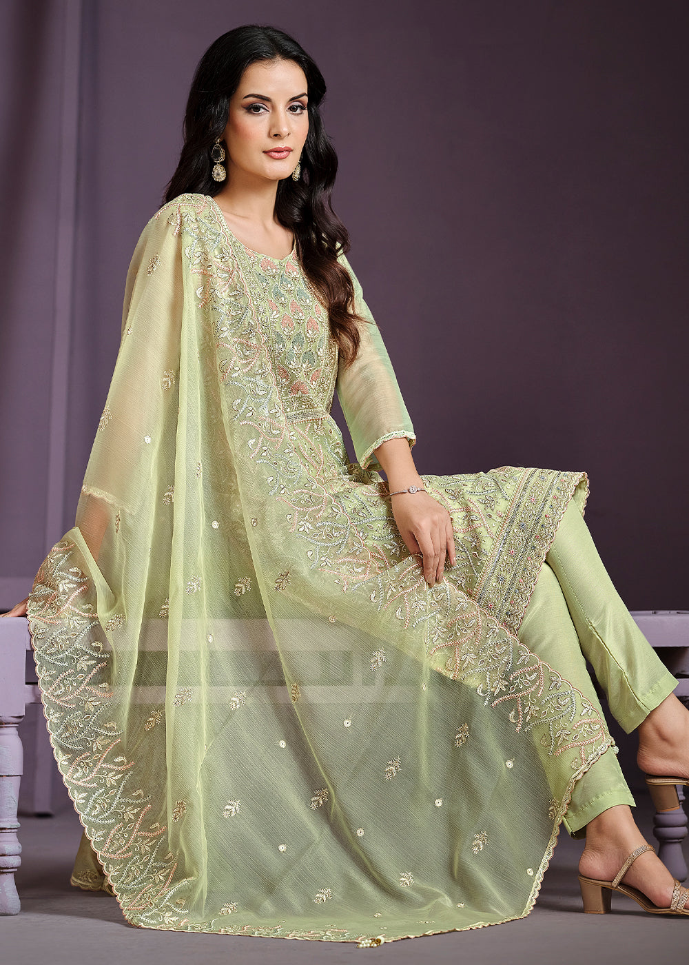 Tea Green Designer Chiffon Suit with Lucknowi Hand Embroidery