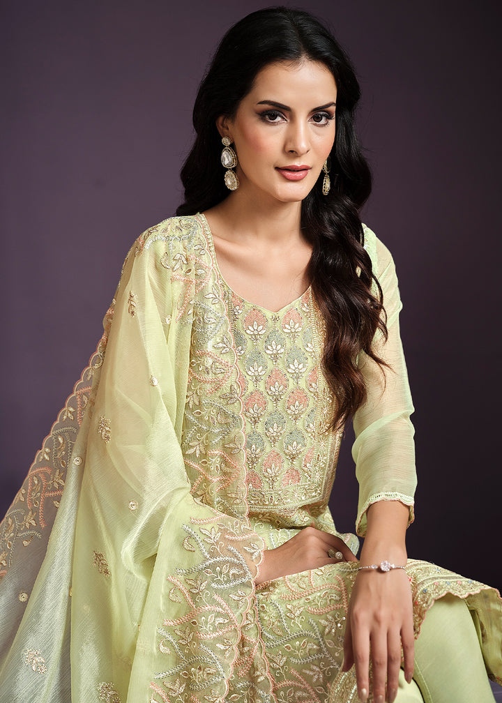 Tea Green Designer Chiffon Suit with Lucknowi Hand Embroidery