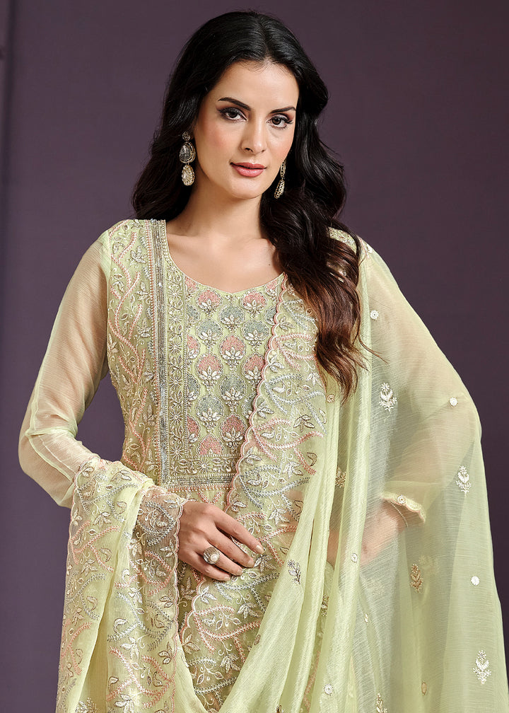 Tea Green Designer Chiffon Suit with Lucknowi Hand Embroidery