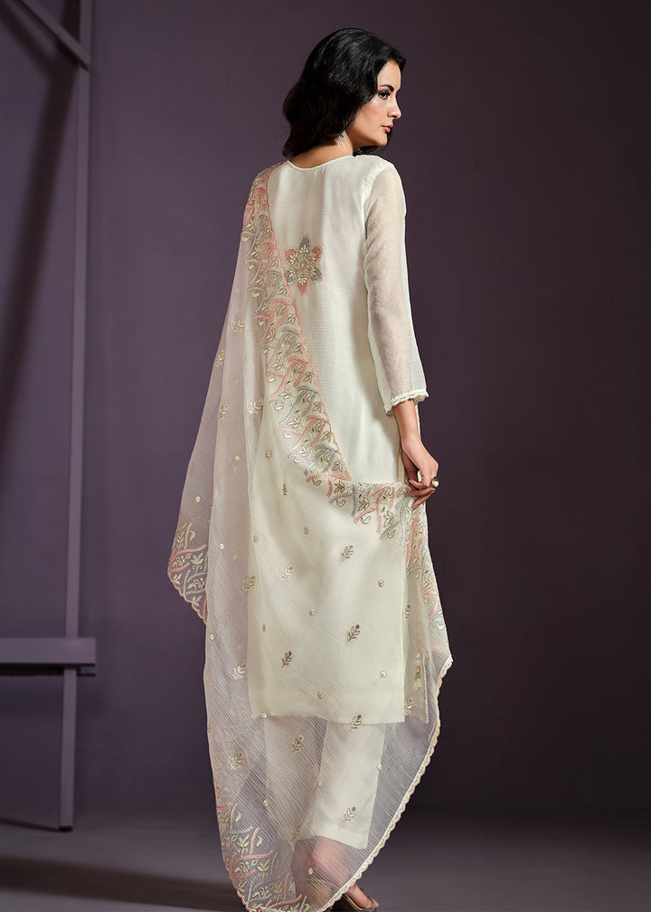 Rice White Designer Chiffon Suit with Lucknowi Hand Embroidery