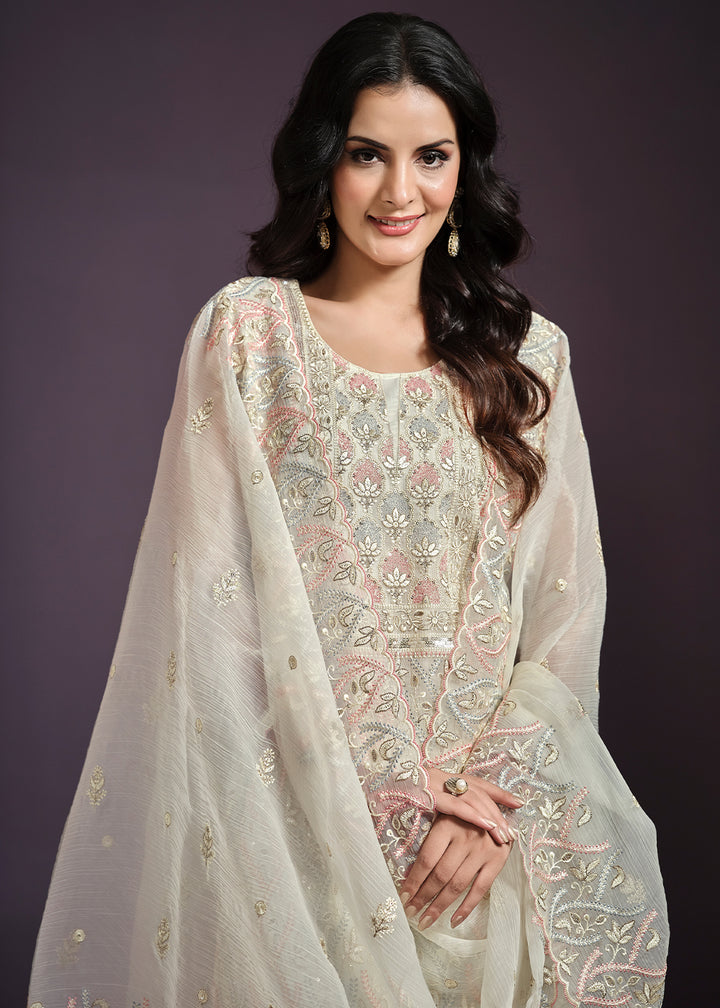 Rice White Designer Chiffon Suit with Lucknowi Hand Embroidery