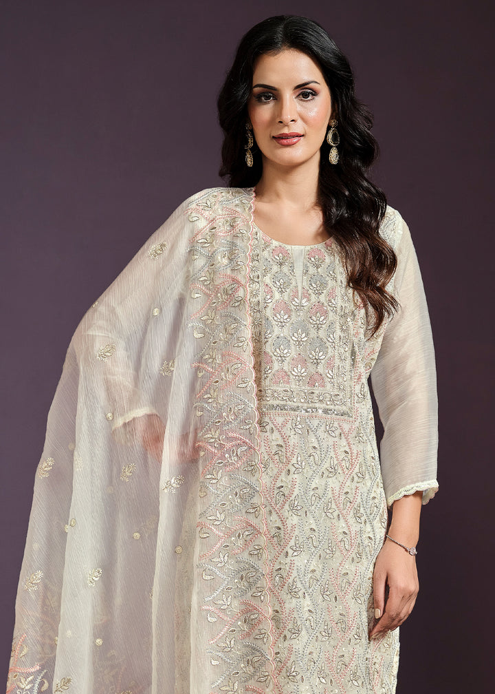 Rice White Designer Chiffon Suit with Lucknowi Hand Embroidery