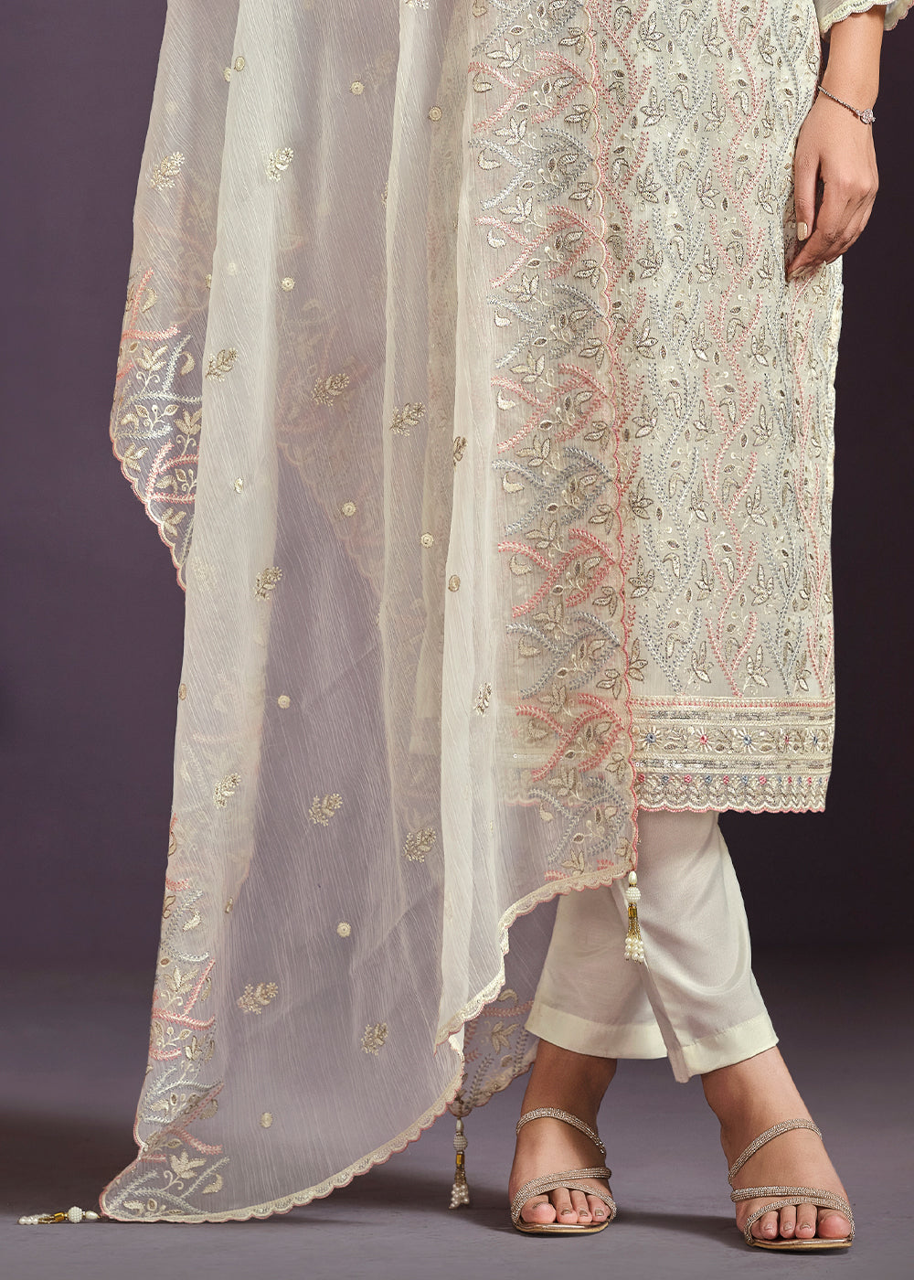 Rice White Designer Chiffon Suit with Lucknowi Hand Embroidery