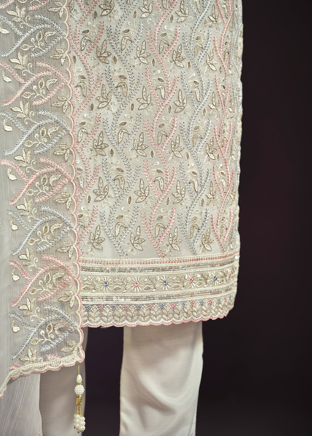 Rice White Designer Chiffon Suit with Lucknowi Hand Embroidery