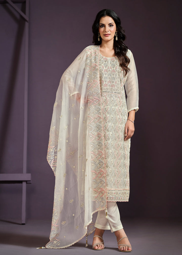 Rice White Designer Chiffon Suit with Lucknowi Hand Embroidery