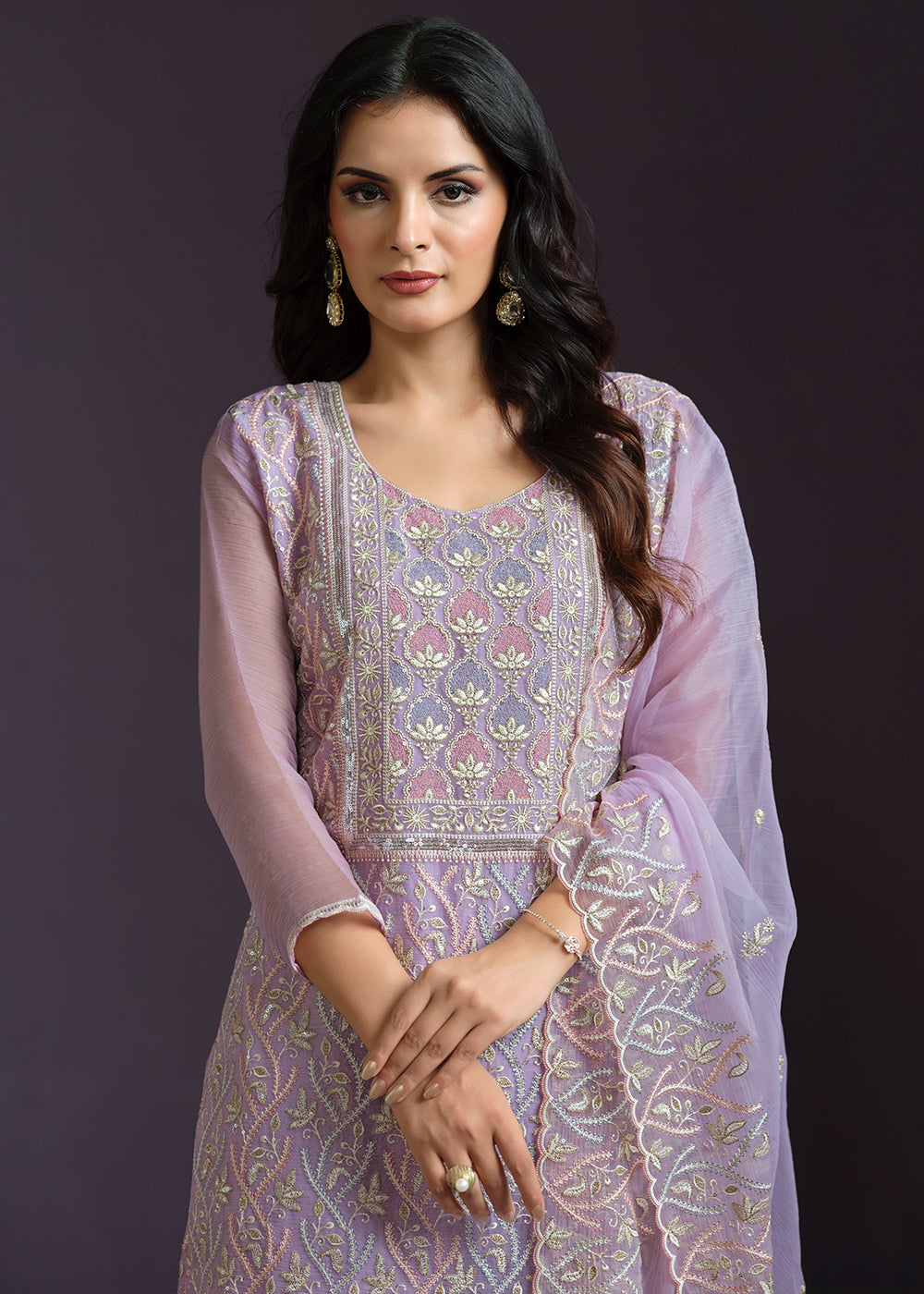 Floral Purple Designer Chiffon Suit with Lucknowi Hand Embroidery