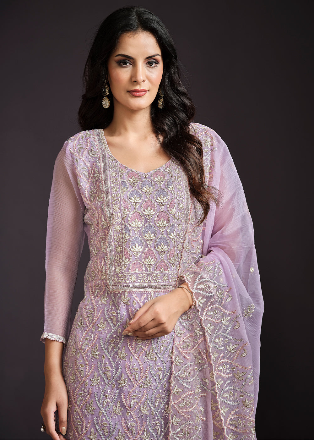 Floral Purple Designer Chiffon Suit with Lucknowi Hand Embroidery