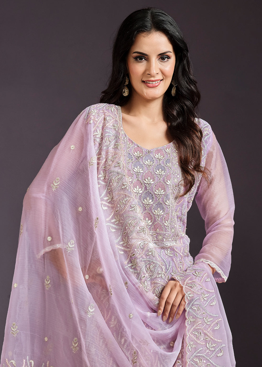 Floral Purple Designer Chiffon Suit with Lucknowi Hand Embroidery