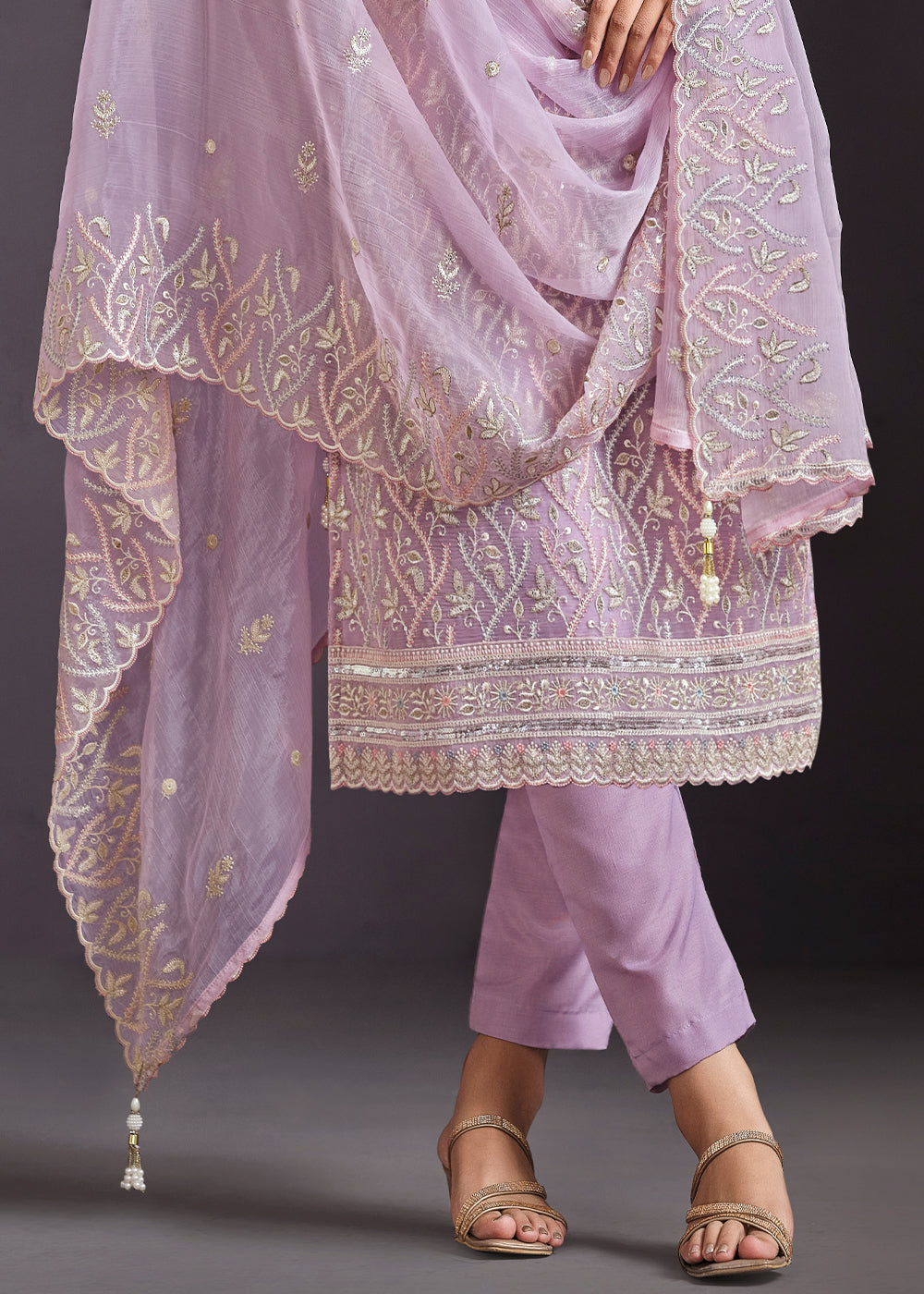 Floral Purple Designer Chiffon Suit with Lucknowi Hand Embroidery