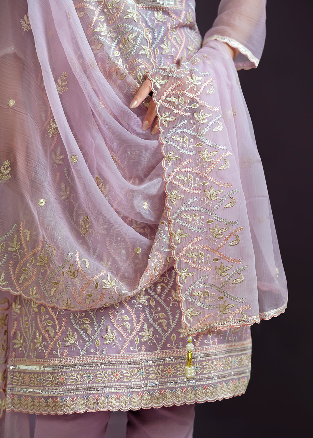 Floral Purple Designer Chiffon Suit with Lucknowi Hand Embroidery