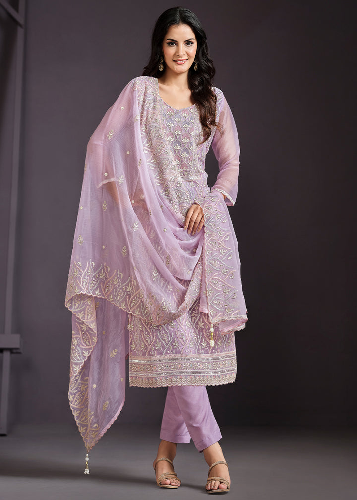 Floral Purple Designer Chiffon Suit with Lucknowi Hand Embroidery