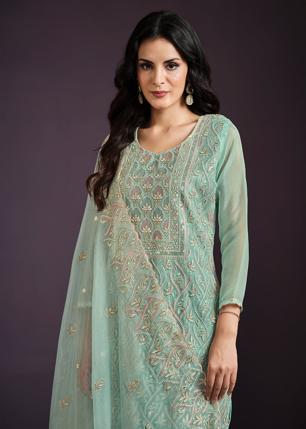 Aquamarine Blue Designer Chiffon Suit with Lucknowi Hand Embroidery