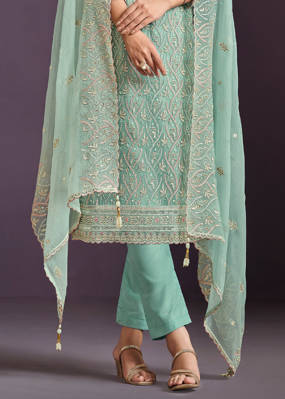 Aquamarine Blue Designer Chiffon Suit with Lucknowi Hand Embroidery