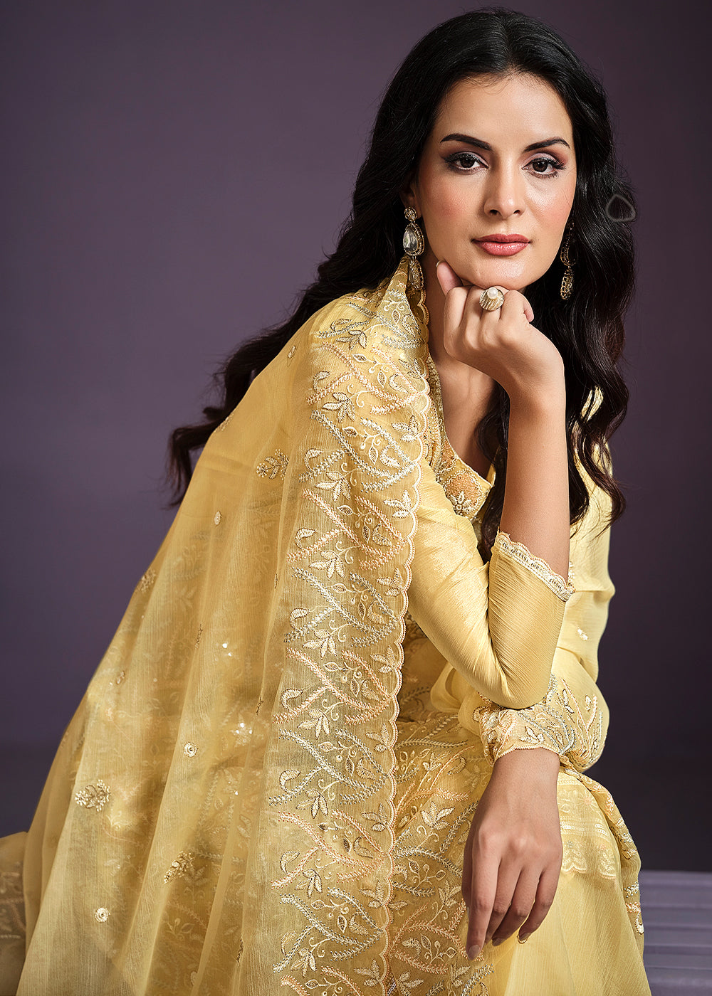 Cadmium Yellow Designer Chiffon Suit with Lucknowi Hand Embroidery