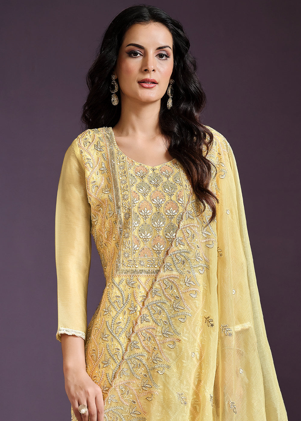 Cadmium Yellow Designer Chiffon Suit with Lucknowi Hand Embroidery