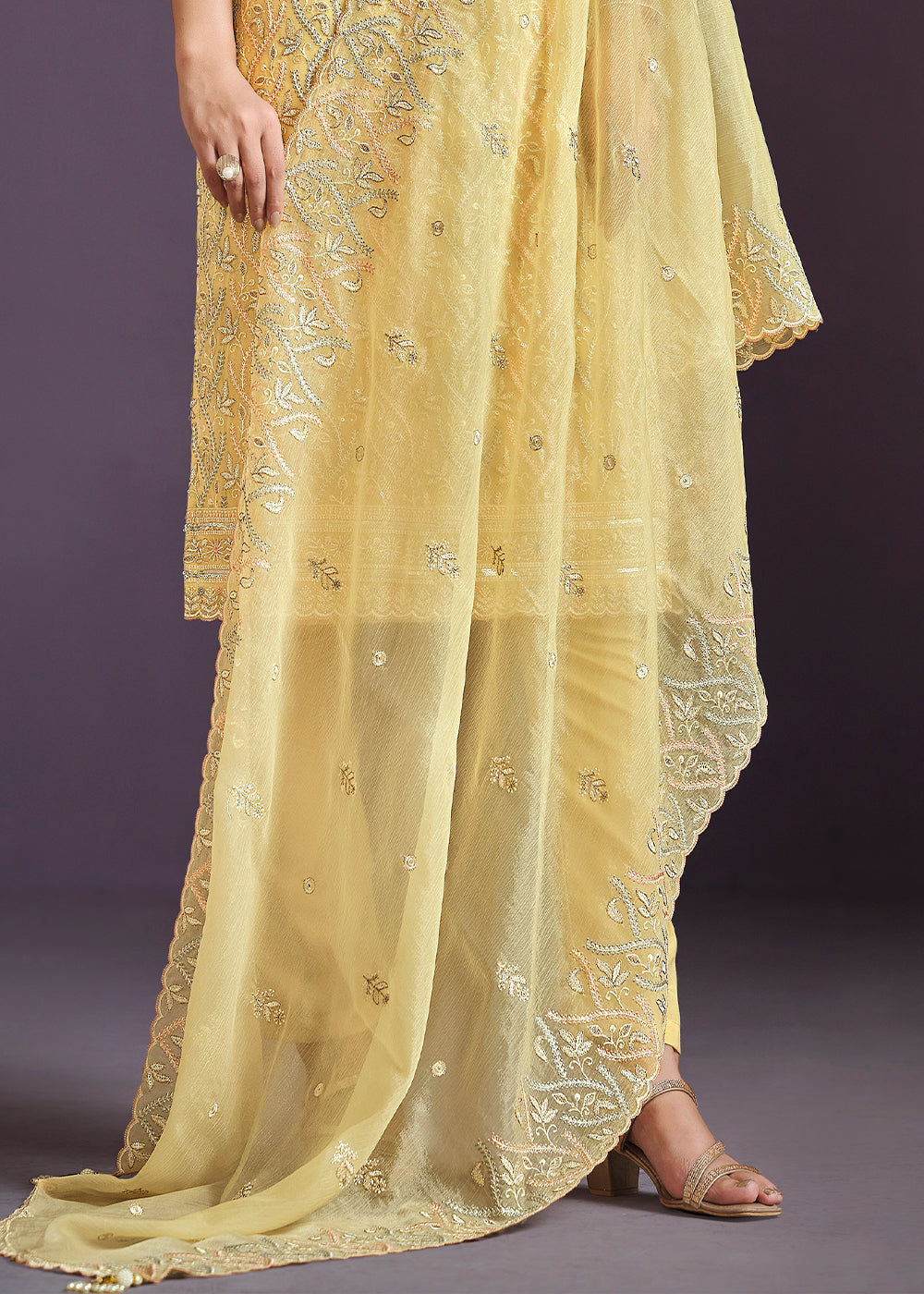 Cadmium Yellow Designer Chiffon Suit with Lucknowi Hand Embroidery