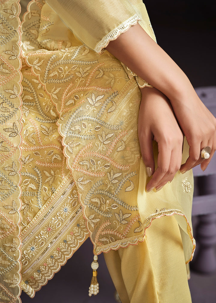 Cadmium Yellow Designer Chiffon Suit with Lucknowi Hand Embroidery