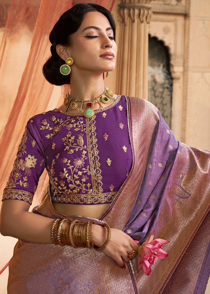 Amethyst Purple Saree in Satin Silk with Zari Accents and Embroidered Blouse