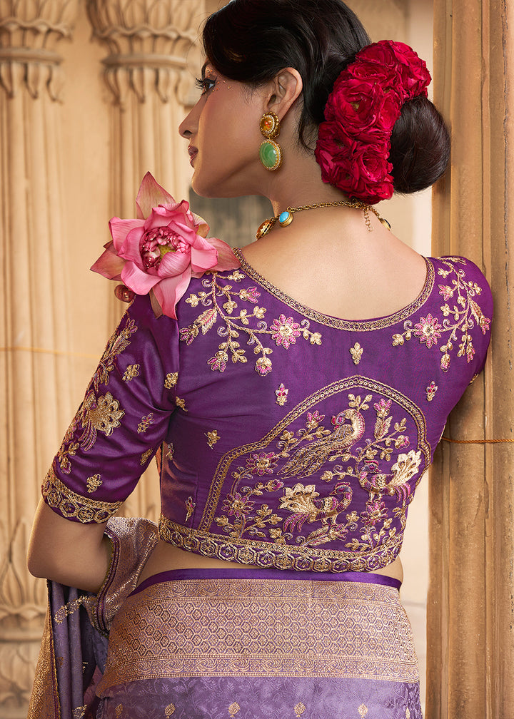 Amethyst Purple Saree in Satin Silk with Zari Accents and Embroidered Blouse