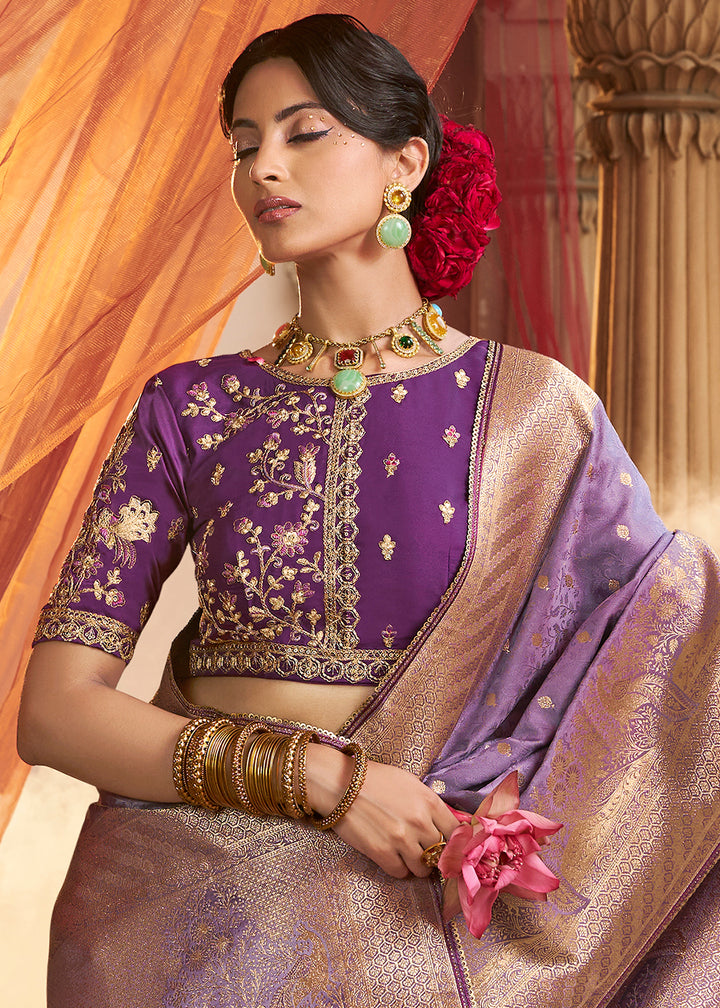 Amethyst Purple Saree in Satin Silk with Zari Accents and Embroidered Blouse