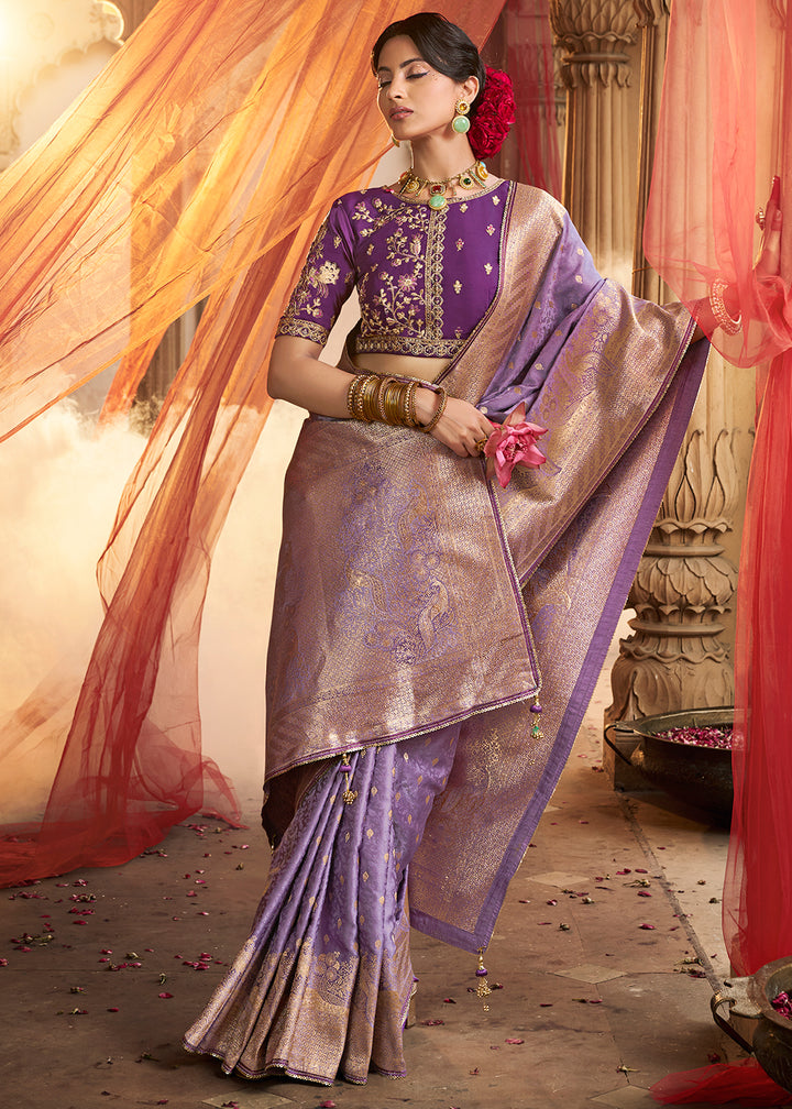 Amethyst Purple Saree in Satin Silk with Zari Accents and Embroidered Blouse