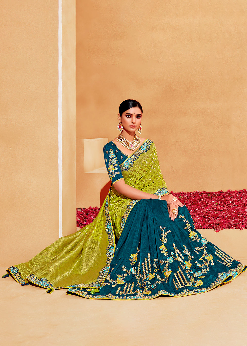 Green & Blue Half N Half Banarasi Silk Saree with Elegant Embroidery