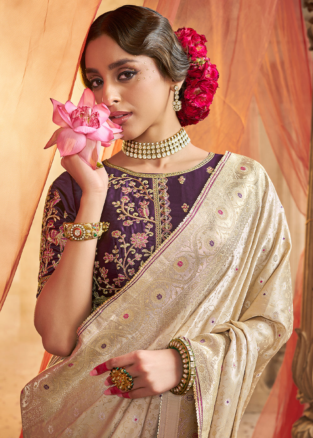 Beige Brown Saree in Satin Silk with Zari Accents and Embroidered Blouse