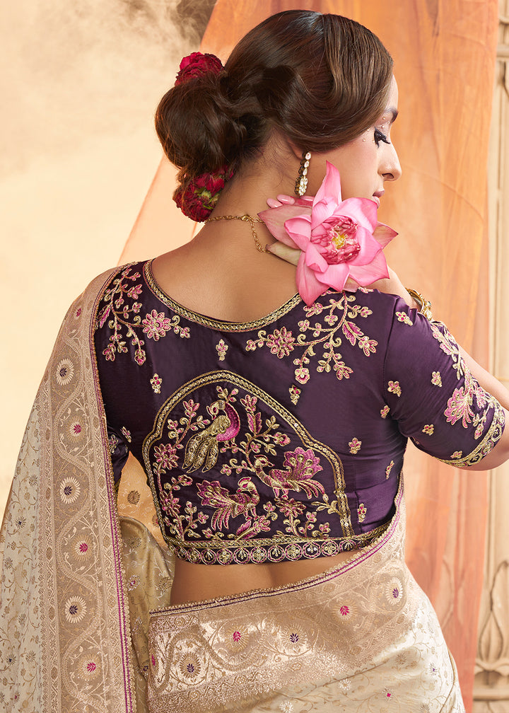 Beige Brown Saree in Satin Silk with Zari Accents and Embroidered Blouse