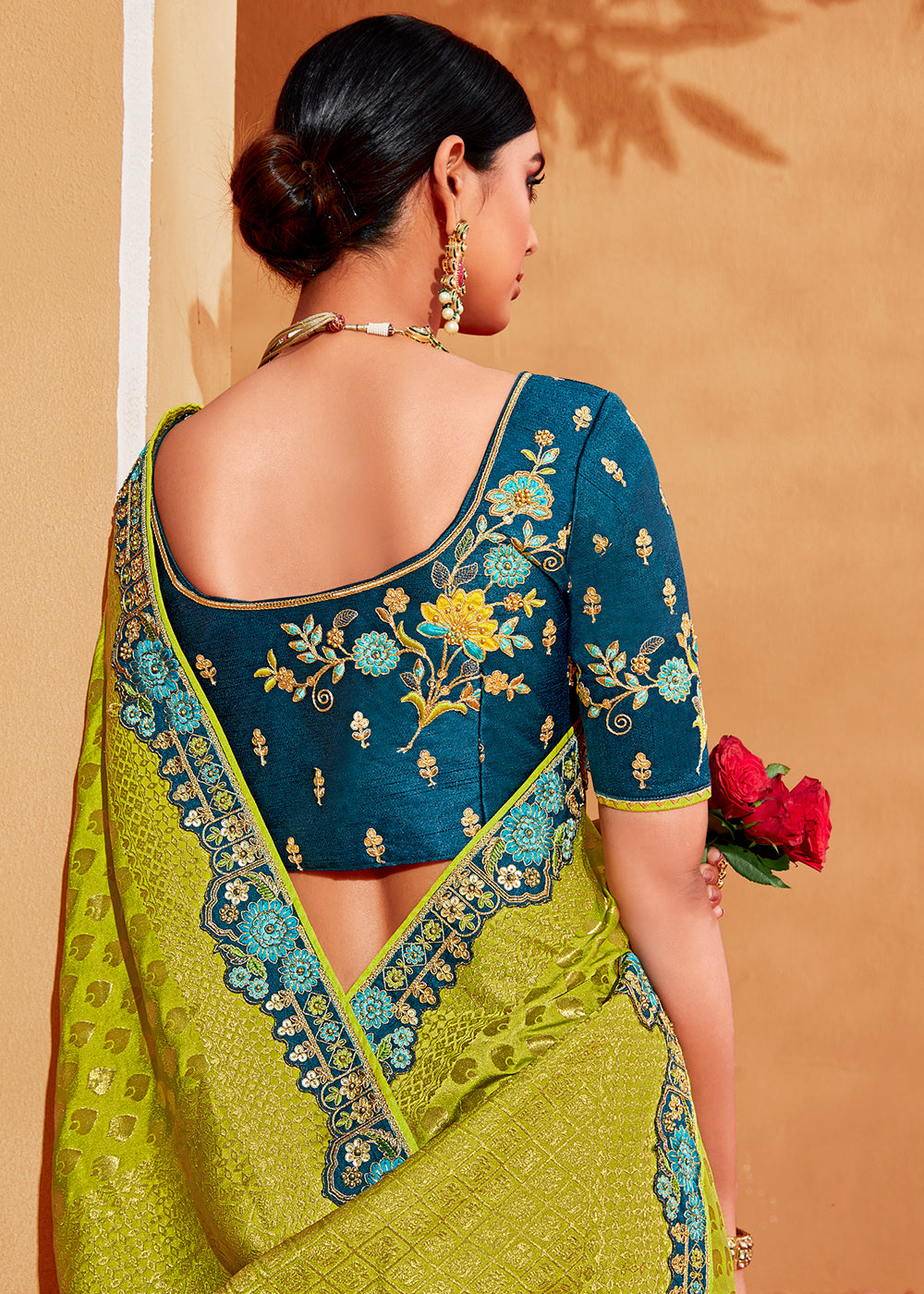 Green & Blue Half N Half Banarasi Silk Saree with Elegant Embroidery