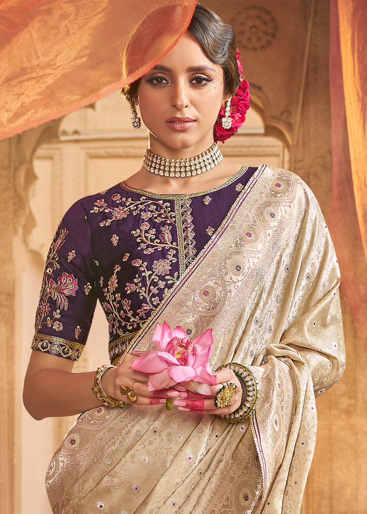 Beige Brown Saree in Satin Silk with Zari Accents and Embroidered Blouse