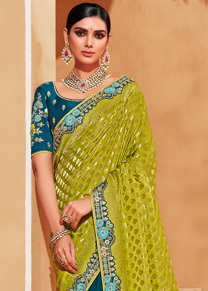 Green & Blue Half N Half Banarasi Silk Saree with Elegant Embroidery