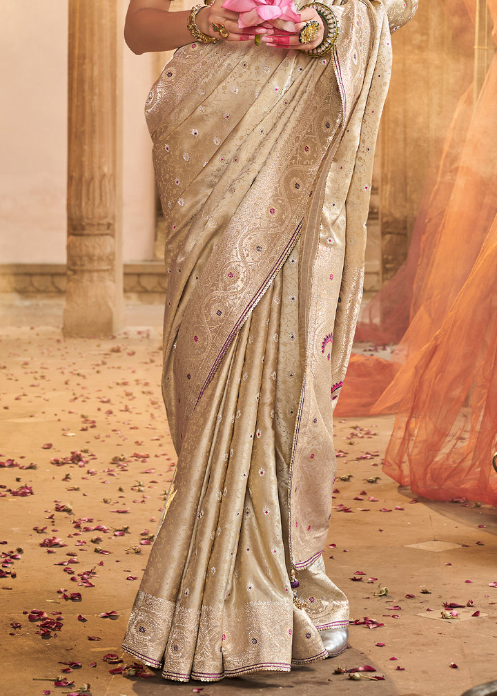 Beige Brown Saree in Satin Silk with Zari Accents and Embroidered Blouse