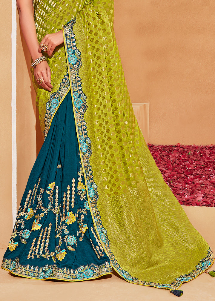 Green & Blue Half N Half Banarasi Silk Saree with Elegant Embroidery