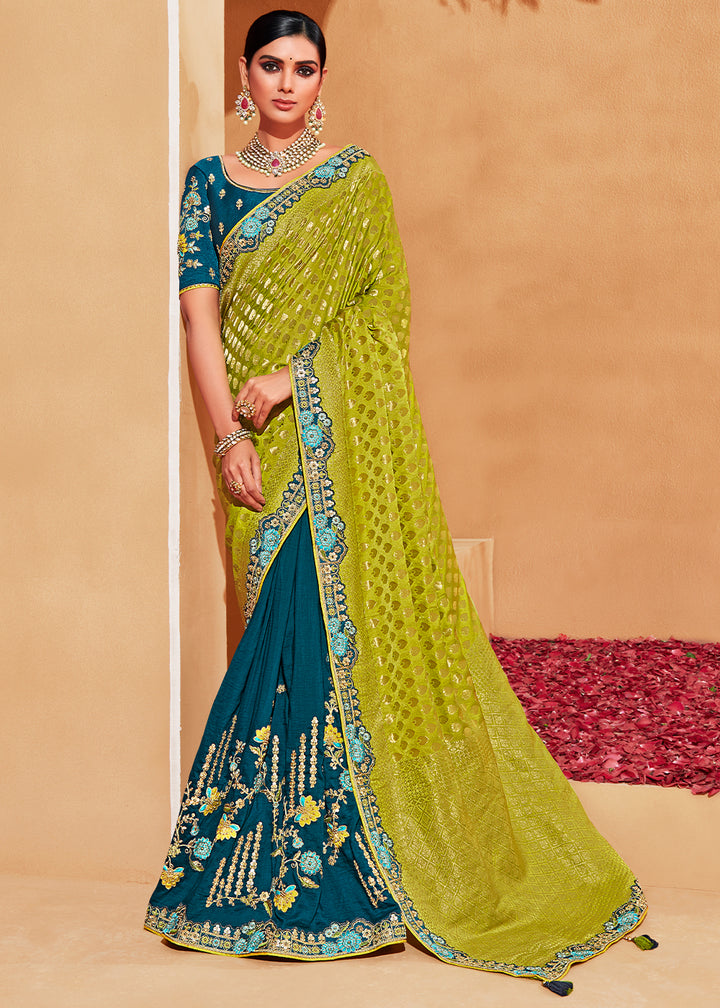 Green & Blue Half N Half Banarasi Silk Saree with Elegant Embroidery