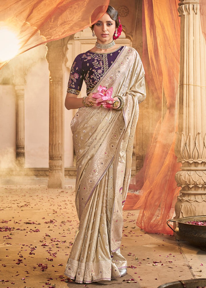 Beige Brown Saree in Satin Silk with Zari Accents and Embroidered Blouse