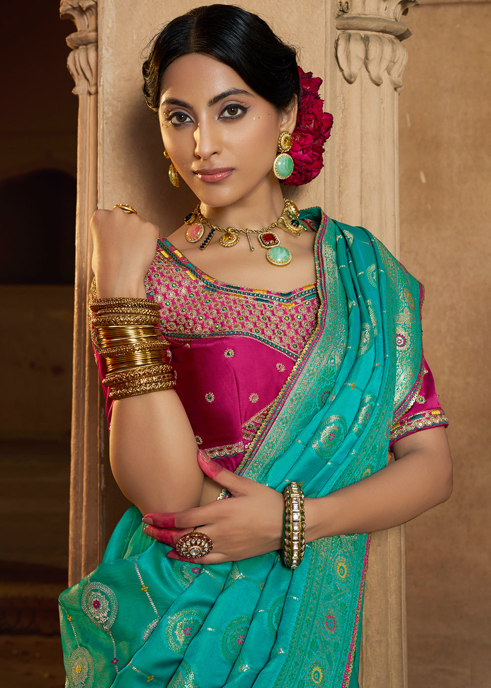 Jade Green Saree in Satin Silk with Zari Accents and Embroidered Blouse