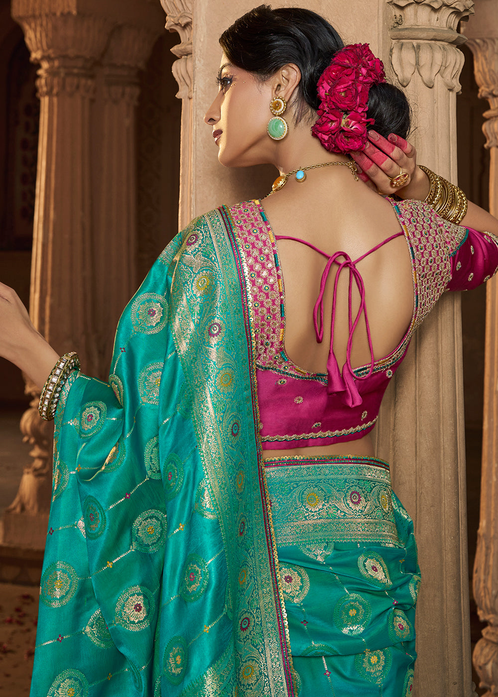 Jade Green Saree in Satin Silk with Zari Accents and Embroidered Blouse