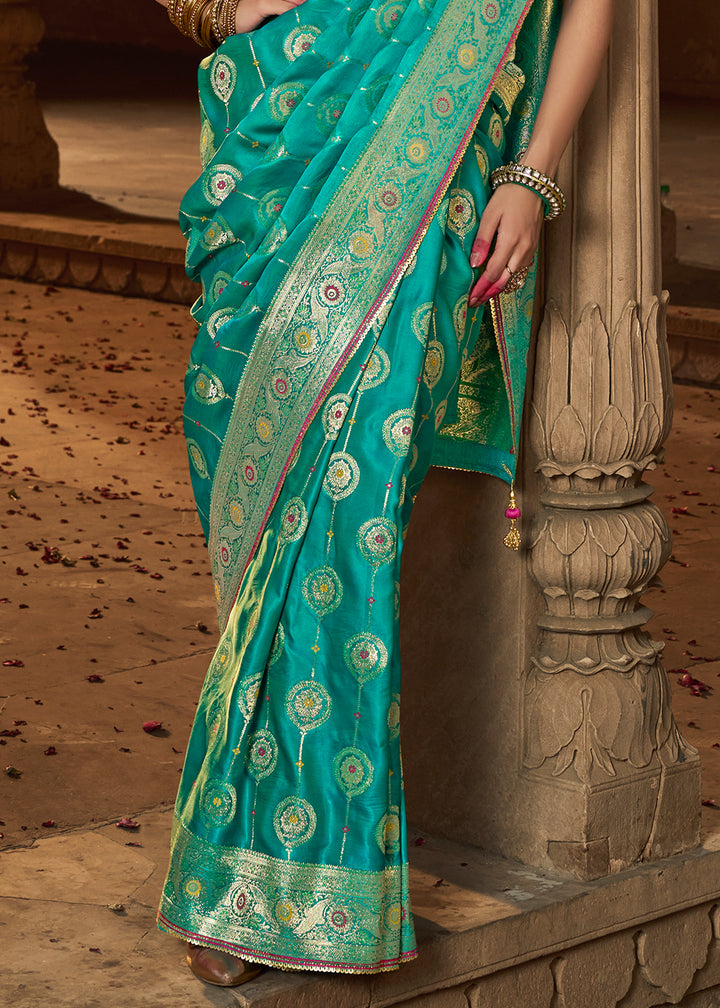 Jade Green Saree in Satin Silk with Zari Accents and Embroidered Blouse