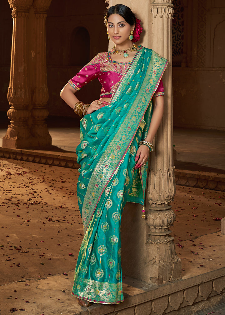 Jade Green Saree in Satin Silk with Zari Accents and Embroidered Blouse