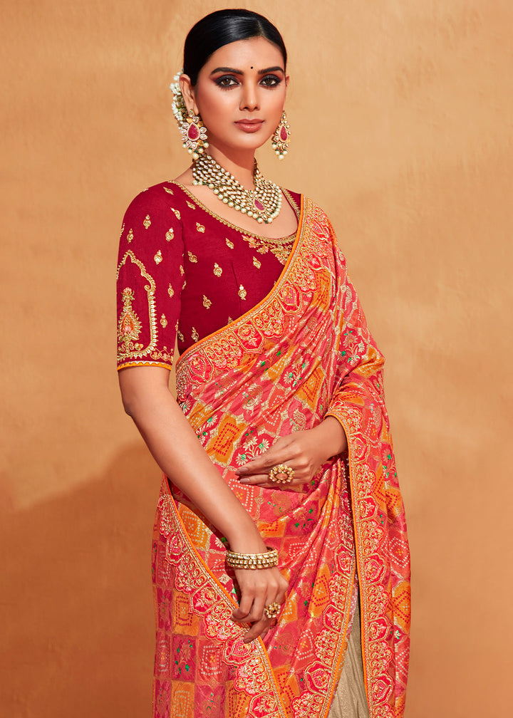 Red & Brown Half N Half Banarasi Silk Saree with Elegant Embroidery