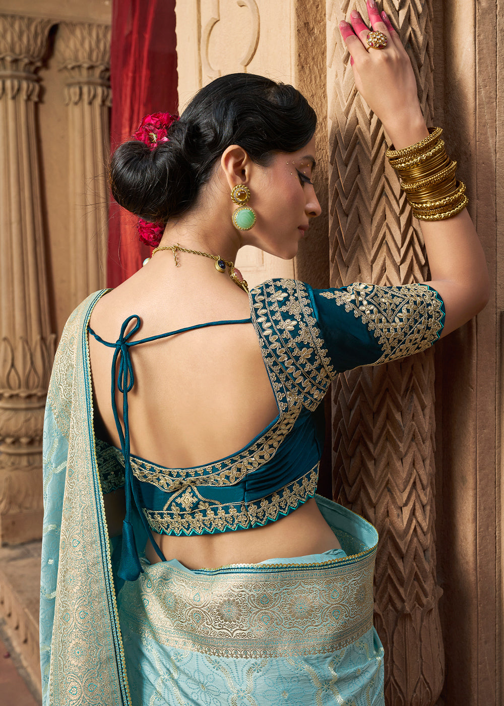 Powder Blue Saree in Satin Silk with Zari Accents and Embroidered Blouse