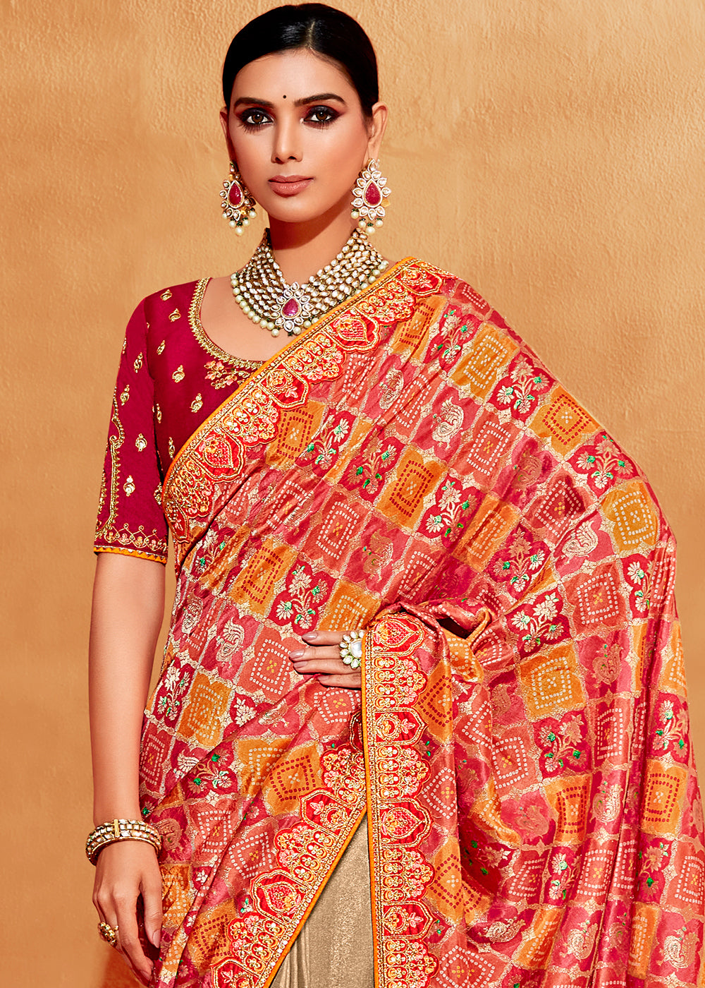 Red & Brown Half N Half Banarasi Silk Saree with Elegant Embroidery