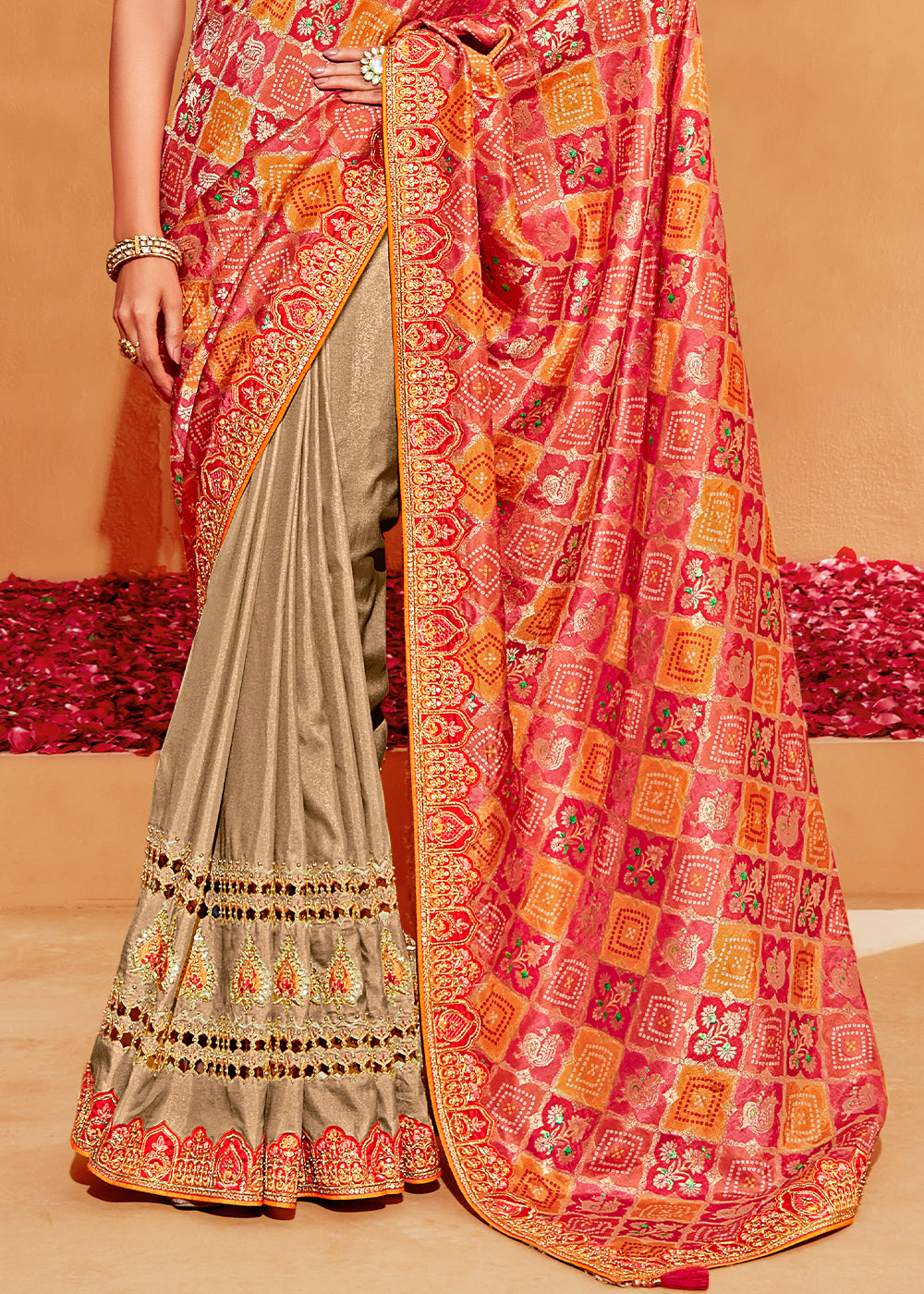 Red & Brown Half N Half Banarasi Silk Saree with Elegant Embroidery